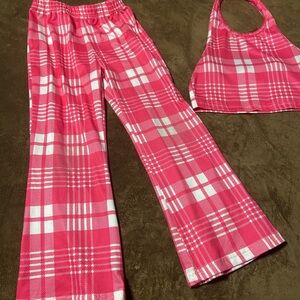 Pink Plaid Two-Piece Set - Crop Halter Top & Flared Pants